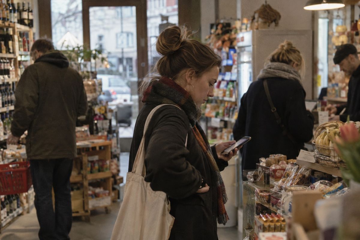 Eine Frau steht in einem kleinen Laden und schaut auf ihr Smartphone, im Hintergrund warten andere Kundinnen und Kunden