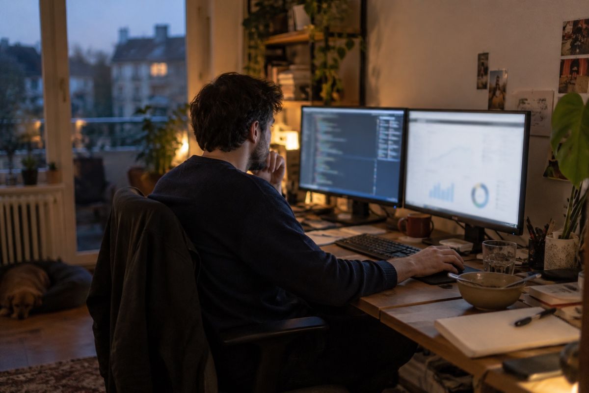 Ein Mann sitzt abends an einem Schreibtisch vor zwei Bildschirmen: links Programmcode, rechts eine Auswertung mit Diagrammen